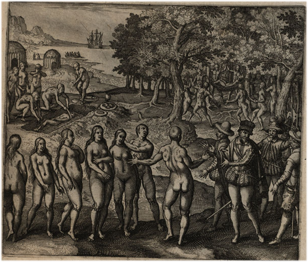 Amerigo Vespucci’s encounter with American indigenes and their “very smooth and clean bodies,” from Theodor de Bry, Americae Pars Decima (Oppenheim, 1619), p.73.