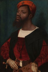 Black man in Renaissance red tunic and cap with right hand resting on sword hilt