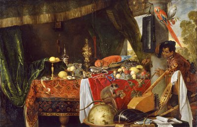 Table draped with rich fabric and covered with plates of food and drinking vessels; monkey sits on globe in front of table; at right  a young black man looks on with glee