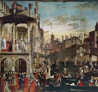 Venetian canal scene in Renaissance period; numerous figures in different settings; in lower foreground is Black gondolier using pole to propel his vessel