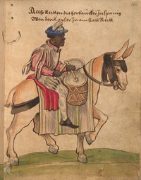 Black man in Renaissance attire riding a horse; he holds two drumsticks and plays a pair of drums mounted on the horse