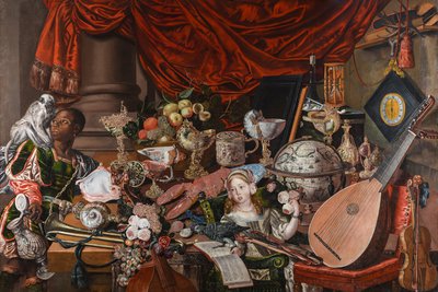 Foreground shows table covered with numerous precious and exotic objects; at left a young Black man sits with white monkey on right shoulder, looking out of frame top left