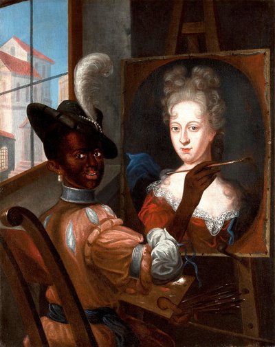 Smiling Black artist looks out of frame at viewer, wearing a wide-brimmed hat with feather and holding paintbrush before a portrait of a woman