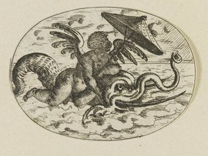 Image 2: Etching showing a putto riding a sea monster, Christoph Jamnitzer, Nuremberg, 1610, V&A.